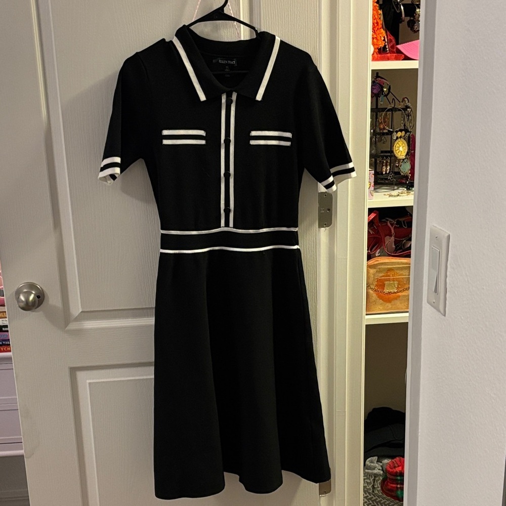 Ellen Tracy Black Midi Dress with White Trim